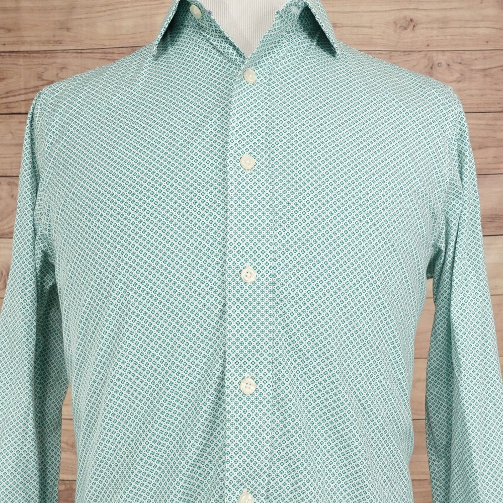 Nick Graham Button Down Shirt Mens 15.5 34-35 M Teal Geometric Stretch